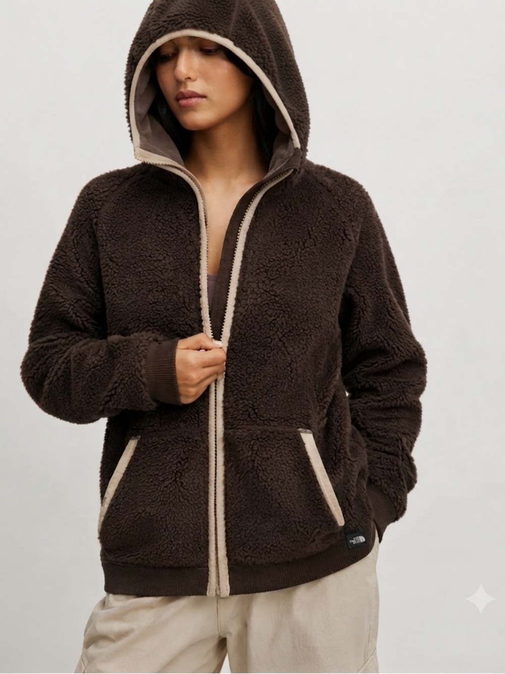 The North Face Dark Brown Hooded Sherpa Jacket with Cream Trim